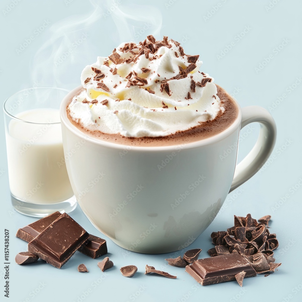 Steaming hot chocolate topped with whipped cream and chocolate shavings served with milk and chocolate pieces. Steaming hot chocolate topped with whipped cream and chocolate shavings served with milk and chocolate pieces.