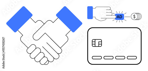 Handshake between two hands, finger clicking on AD button with dollar coins, credit card. Ideal for business deals, online advertising, payment transactions, partnerships, e-commerce, digital