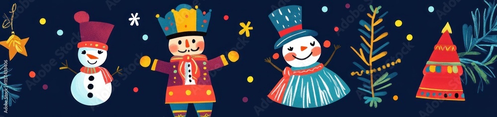 Naklejka premium Colorful Christmas Characters Festive Winter Border Design
