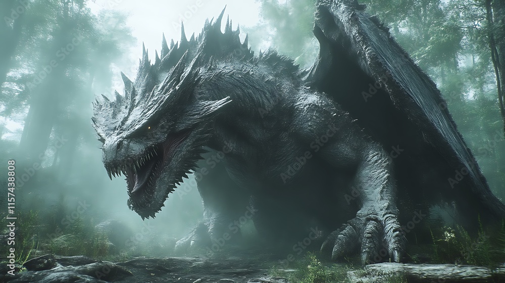 Fototapeta premium Majestic Dragon Lurking In A Misty Forest