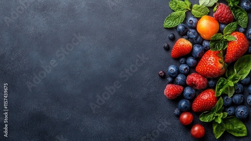 Fresh assortment of colorful berries and fruits with mint leaves on a dark textured background photo