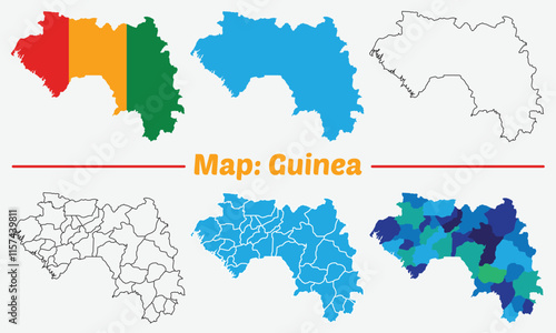 Guinea country map set. internal provinces borders marked, Simple map of Guinea vector drawing, Filled and outline.