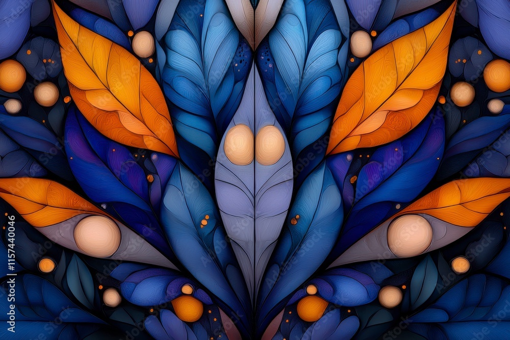 Vibrant Abstract Leaves and Shapes in Blue, Orange, and Yellow Tones Vibrant Abstract Leaves and Shapes in Blue, Orange, and Yellow Tones
