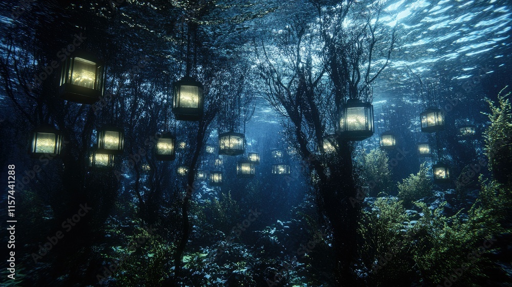 Obraz premium Underwater forest scene with glowing lanterns hanging from branches.