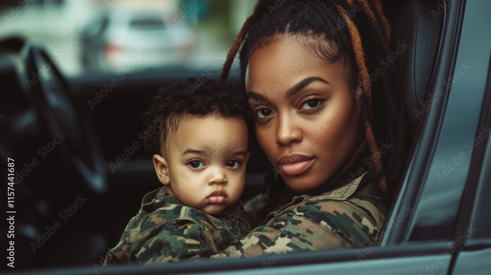 Mother and child in military camouflage gear enjoying togetherness Mother and child in military camouflage gear enjoying togetherness