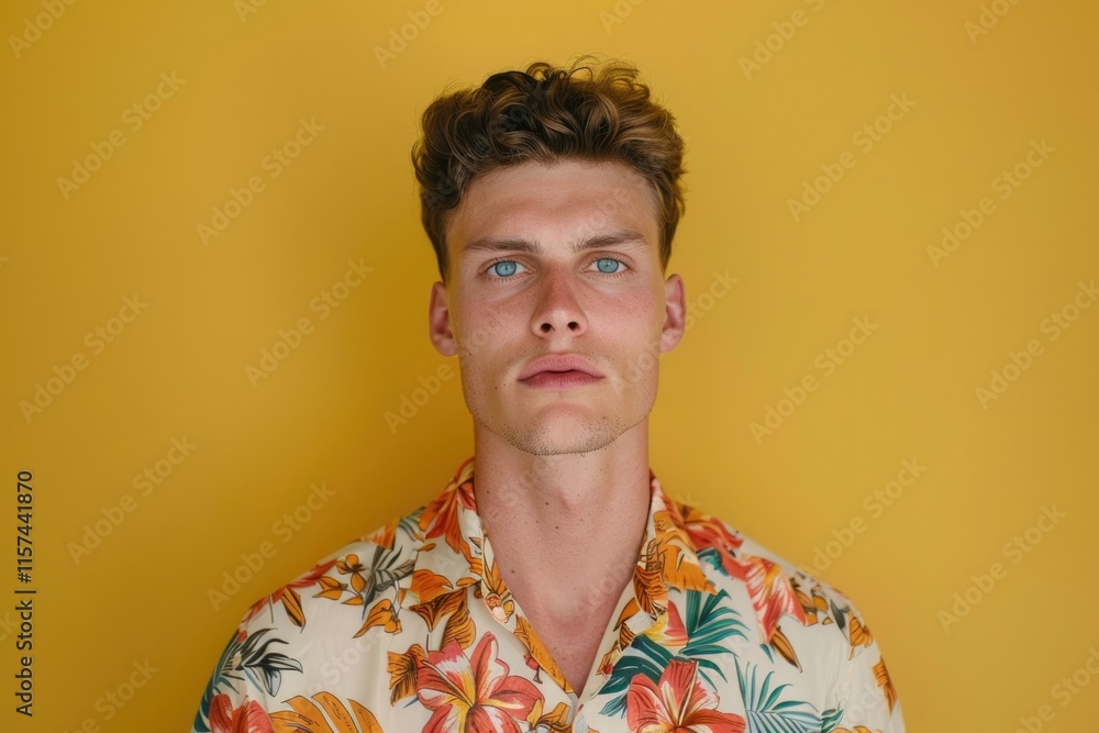 Fototapeta premium Young man on vacation in floral shirt relaxed expression.