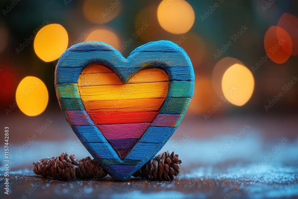 Fototapeta premium On a table, a colorful heart artfully crafted from various wooden sticks is placed next to some charming pine cones, creating a lovely scene. Rainbow-themed Valentine’s decorations
