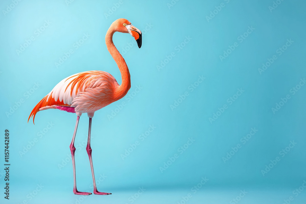 Fototapeta premium Pink flamingo standing gracefully against a bright blue background with vibrant colors