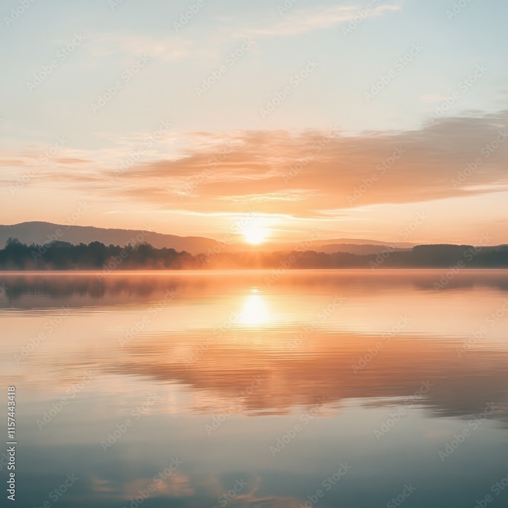 Obraz premium Calm sunrise over still lake reflecting golden light.