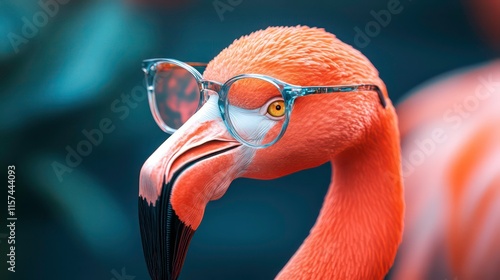 Flamingo with glasses. Close-up portrait of a flamingo. Anthopomorphic creature. A fictional character for advertising and marketing. Humorous character for graphic design. photo