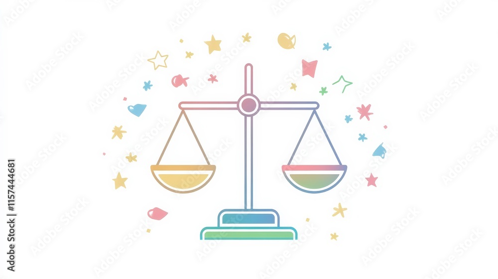 Colorful and Playful Scales of Justice Surrounded by Stars, Fish, and Butterflies, Representing Balance and Fairness in a Whimsical Style for Creative Projects Colorful and Playful Scales of Justice Surrounded by Stars, Fish, and Butterflies, Representing Balance and Fairness in a Whimsical Style for Creative Projects