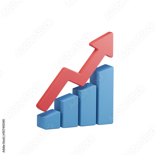 Free Download A minimalist 3D render of a cartoon-style rising red arrow with a blue bar. The arrow is rising above a blue bar. The arrow and bar are placed on a transparent background.  - GFXLoad