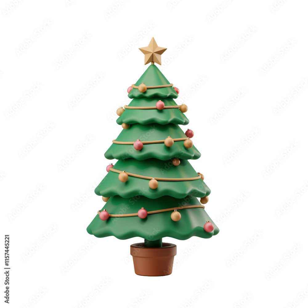 A 3D render of a cartoon-style green Christmas tree with minimalist design. The tree is isolated on transparent background. The tree has a few ornaments and a star on top. A 3D render of a cartoon-style green Christmas tree with minimalist design. The tree is isolated on transparent background. The tree has a few ornaments and a star on top.