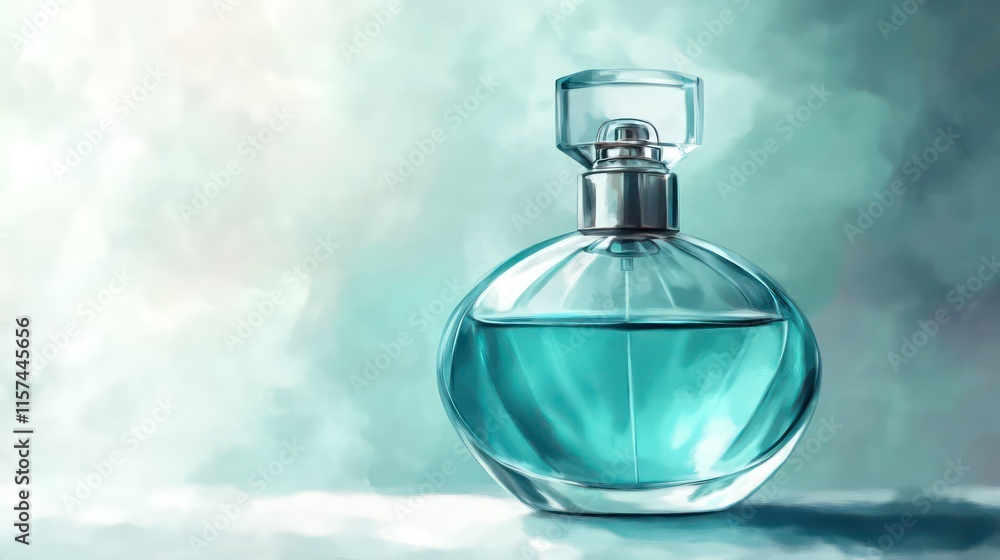 Glass perfume bottle with atomiser. Perfumery. A jar of scented water. Luxury and sophistication. Spa and aromatherapy. Illustration for a cover, postcard, brochure or advert. Glass perfume bottle with atomiser. Perfumery. A jar of scented water. Luxury and sophistication. Spa and aromatherapy. Illustration for a cover, postcard, brochure or advert.