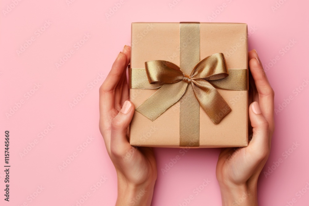Womans hands holding gift or present box decorated confetti on pink pastel table top view. Flat lay composition for birthday or wedding. Womans hands holding gift or present box decorated confetti on pink pastel table top view. Flat lay composition for birthday or wedding.