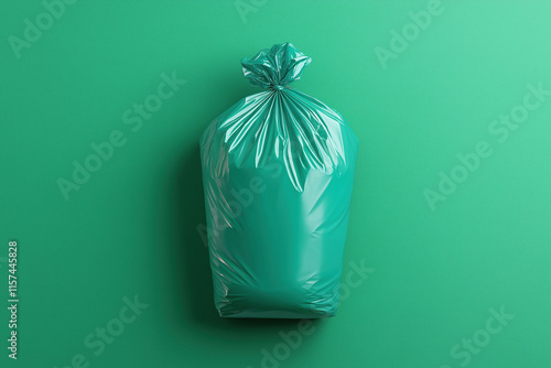 Colorful green garbage bag on solid background for environmental discussion photo