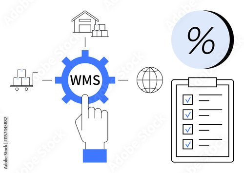 Hand pointing at Warehouse Management System gear connected to warehouse, cart, globe, checklist, and percentage symbol. Ideal for logistics, inventory management, supply chain, warehouse operations