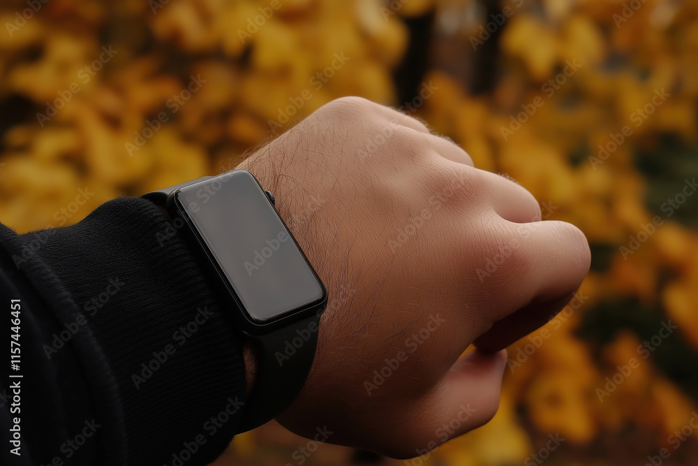 Stylish smartwatch on wrist surrounded by vibrant autumn foliage in outdoor setting Stylish smartwatch on wrist surrounded by vibrant autumn foliage in outdoor setting