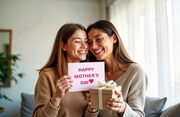 Two happy young women celebrating Mother Day. Embracing, smiling. One daughter holding gift box, card says Happy Mother Day. Daughter also smiling happily. Heartwarming, authentic photo of loving