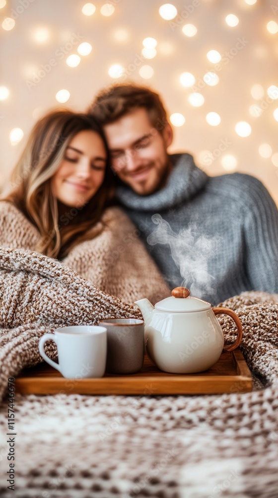 A man and a woman are cozily sitting together under a warm blanket, enjoying the comfort of a teapot and cups that rest upon a cozy tray. Romantic picnics in winter landscapes A man and a woman are cozily sitting together under a warm blanket, enjoying the comfort of a teapot and cups that rest upon a cozy tray. Romantic picnics in winter landscapes