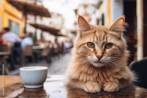 Portrait of a cute havana brown cat in bustling city cafe photo