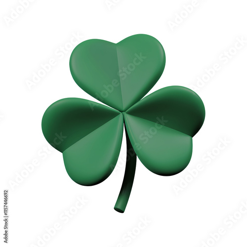 A 3D render of a cartoon-style, minimalist three-leaf clover. The clover is isolated on a transparent background.