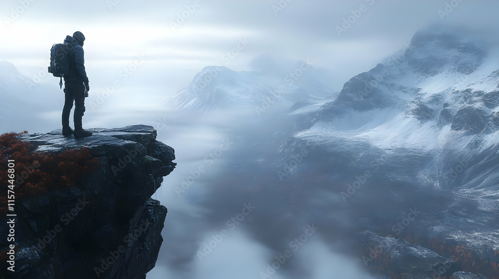 Lone hiker on a cliff overlooking a misty, snow-capped mountain valley. Lone hiker on a cliff overlooking a misty, snow-capped mountain valley.
