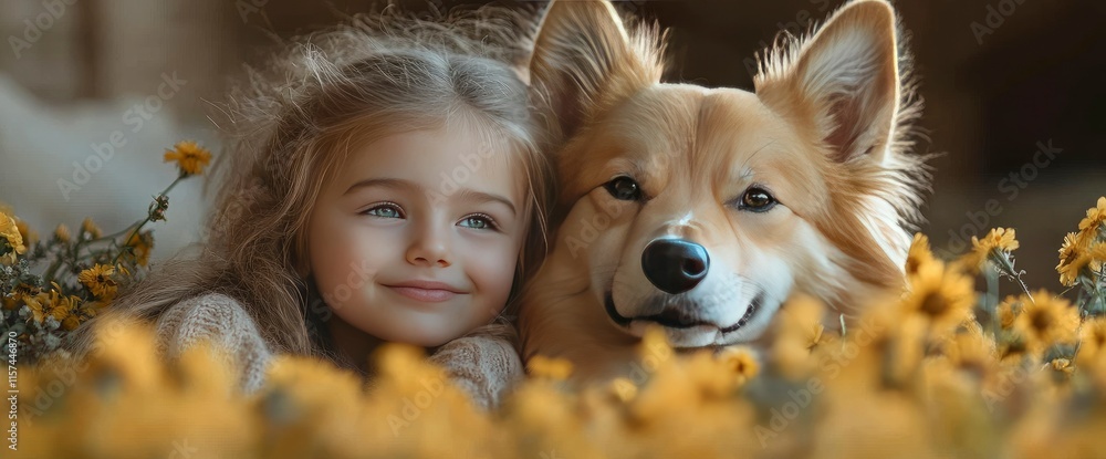 Child's Innocence and Canine Companionship Amidst Blooming Flowers Child's Innocence and Canine Companionship Amidst Blooming Flowers