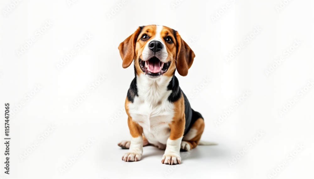 Playful beagle puppy sits happily in studio setting. Cute dog poses with joyful expression on white backdrop. Image perfect for pet lovers, dog lovers, pet products ads, websites promoting animal