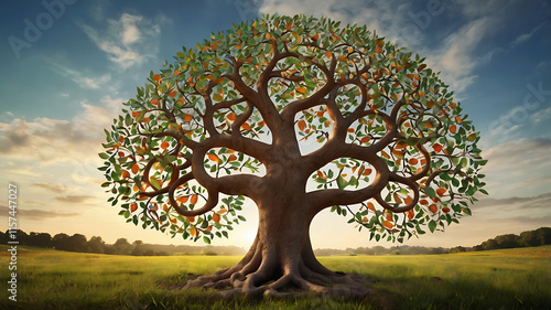 Tree of life with leaves, vector illustration of a colorful tree with roots
