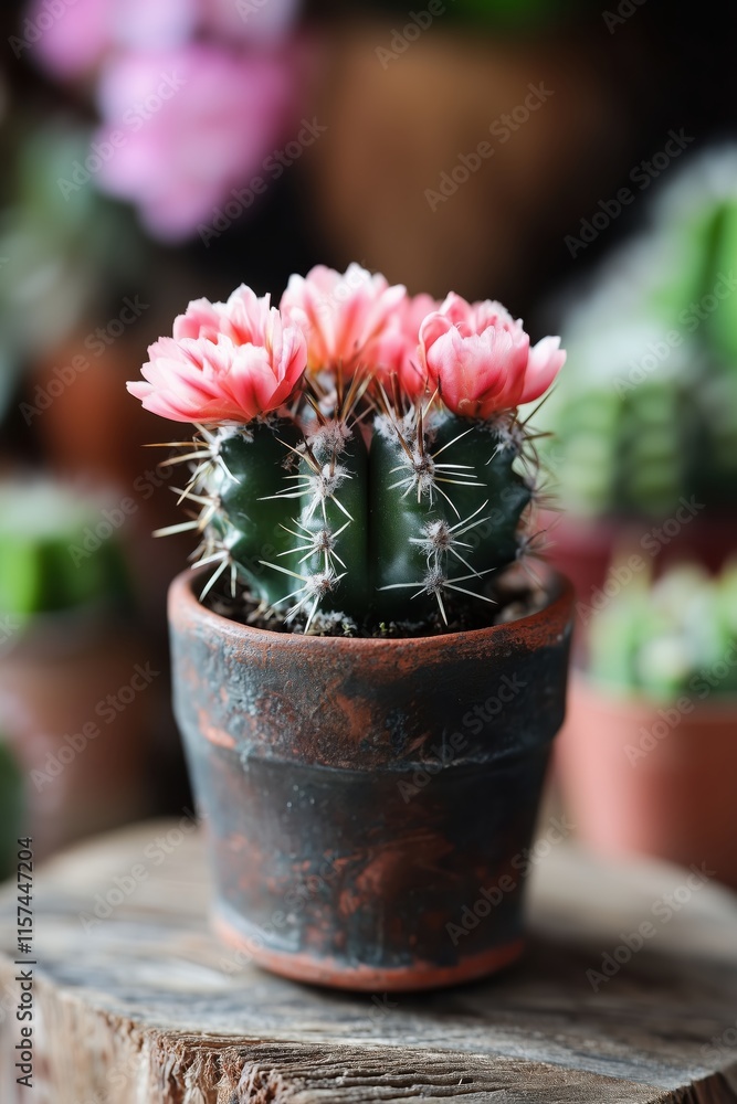 Rosa blühender Kaktus in rustikalem Topf