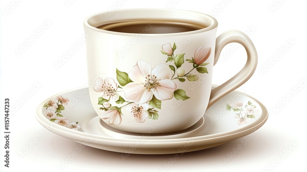 Elegant floral teacup with saucer filled with coffee. Elegant floral teacup with saucer filled with coffee.