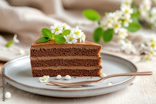 Indulgent Slice of Rich Chocolate Cake, Beautifully Decorated with Fresh and Colorful Flowers as well as Aromatic Herbs, Perfectly Crafted for a Joyous Easter Celebration with Loved Ones and Friends photo