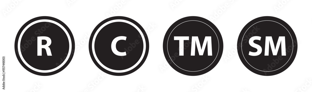 Trademark TM, Registered R, Copyright C vector icon set. Brand register trade mark symbol sheet. Trademark TM, Registered R, Copyright C vector icon set. Brand register trade mark symbol sheet.