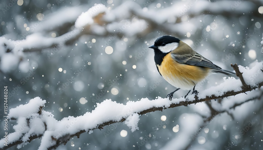 Naklejka premium Great tit (Parus major) sitting on a branch in winter