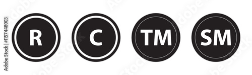 Trademark TM, Registered R, Copyright C vector icon set. Brand register trade mark symbol sheet.
