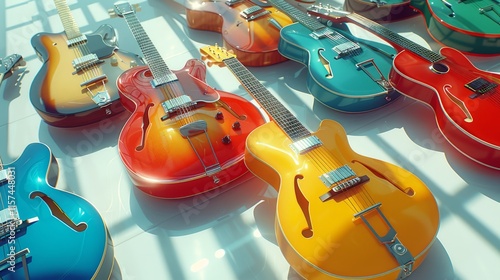 Colorful electric guitars in a row on a bright floor.