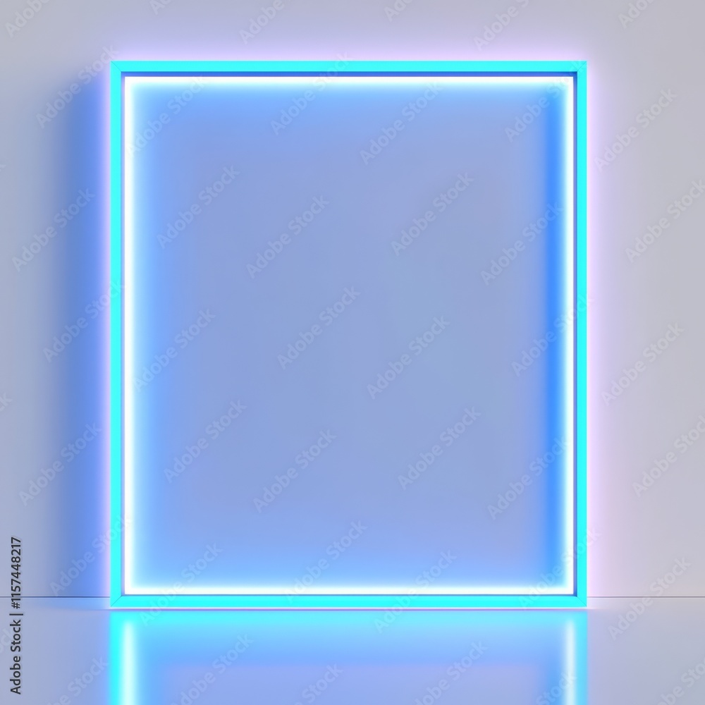 Neon Square Frame: A minimalist, modern design featuring a bright neon blue square frame against a subtle gradient background. The frame glows with vibrant energy.