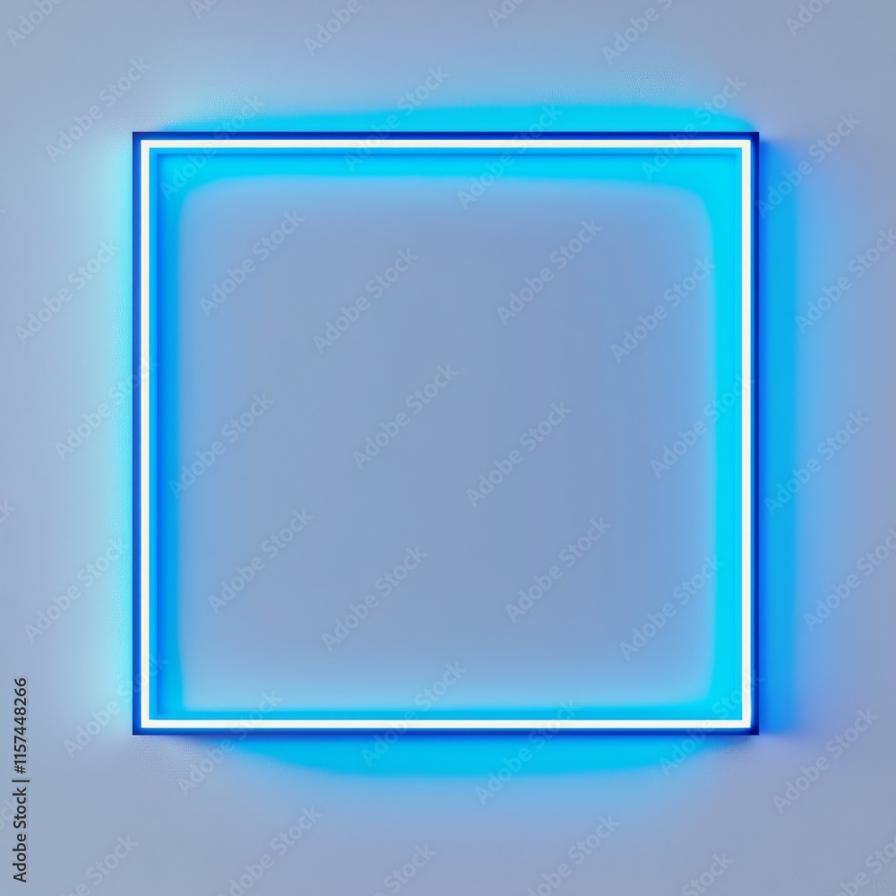 Illuminated square frame: A vibrant, luminous neon frame, radiating a cool blue glow, poised against a subtle backdrop. Capturing the essence of modern design.