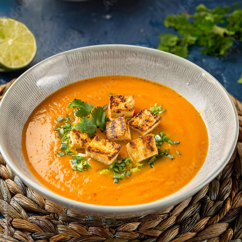 Warm Carrot Coconut Grilled Tofu Soup in Bowl photo