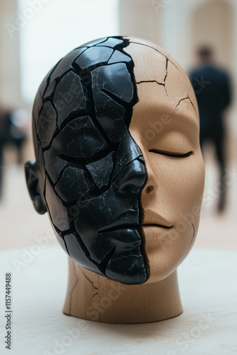 Bipartite Head Sculpture: Natural Wood and Cracked Black Resin photo