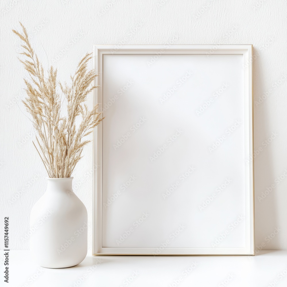 Minimalist Mockup: A modern, minimalist composition featuring a blank picture frame and an elegant vase of dried flowers, perfect for showcasing art or design against a clean backdrop. Minimalist Mockup: A modern, minimalist composition featuring a blank picture frame and an elegant vase of dried flowers, perfect for showcasing art or design against a clean backdrop.
