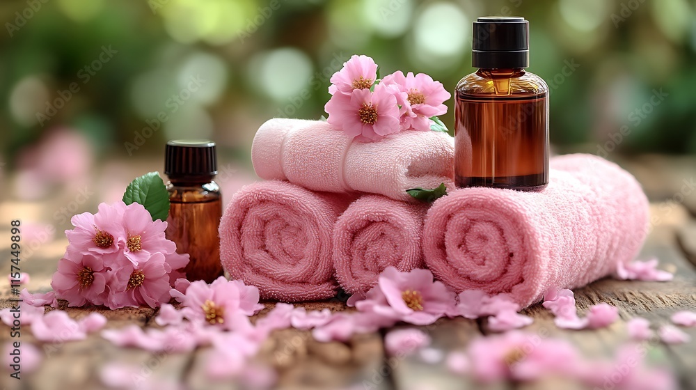 Pink towels and essential oils with blossoms Pink towels and essential oils with blossoms