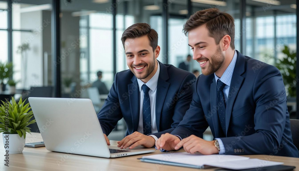 Two Businessmen Collaborating on a Laptop in a Modern Office Two Businessmen Collaborating on a Laptop in a Modern Office