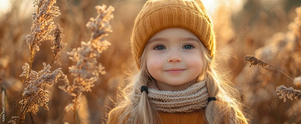 Adorable Little Girl in Autumn Field, Golden Hour Portrait Adorable Little Girl in Autumn Field, Golden Hour Portrait