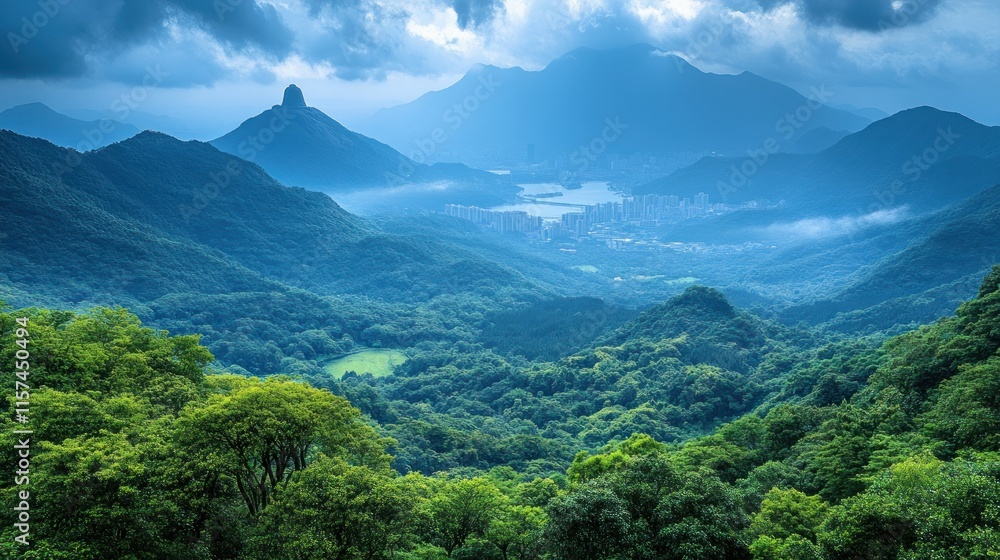Panoramic view of lush green mountains, valleys, and a distant city under a dramatic sky. Panoramic view of lush green mountains, valleys, and a distant city under a dramatic sky.