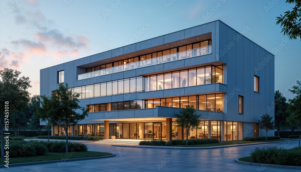 Fototapeta premium Modern hospital building exterior. Dusk sky with soft light. Many windows let in light, show interior spaces. Landscaping with trees, shrubs surrounds building. Design contemporary, clean. Accessible