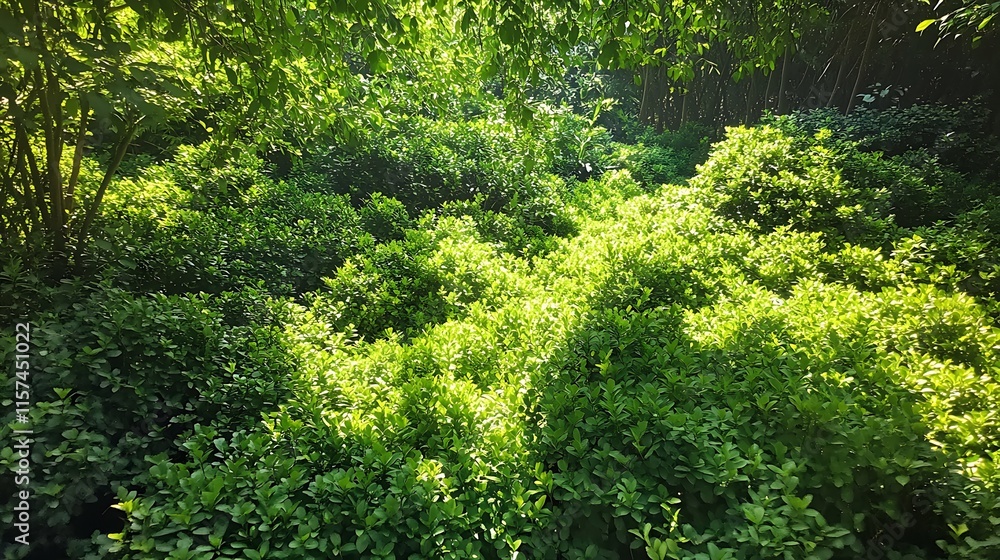 Sun Rays Shining Through Trees in a Peaceful Forest Sun Rays Shining Through Trees in a Peaceful Forest