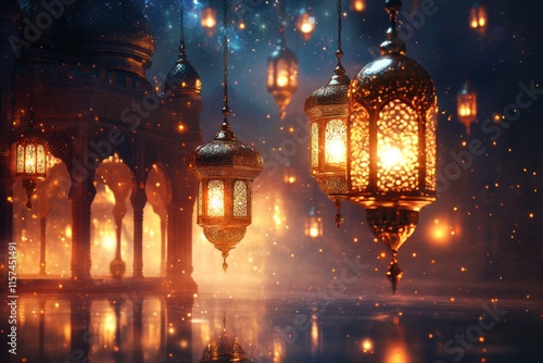 ramadan mosque decorations, a radiant scene of a ramadan mosque adorned with shimmering lights and ornate lanterns, contrasted against a tranquil night sky for contemplation photo