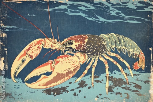 a painting of a lobster on a blue background photo